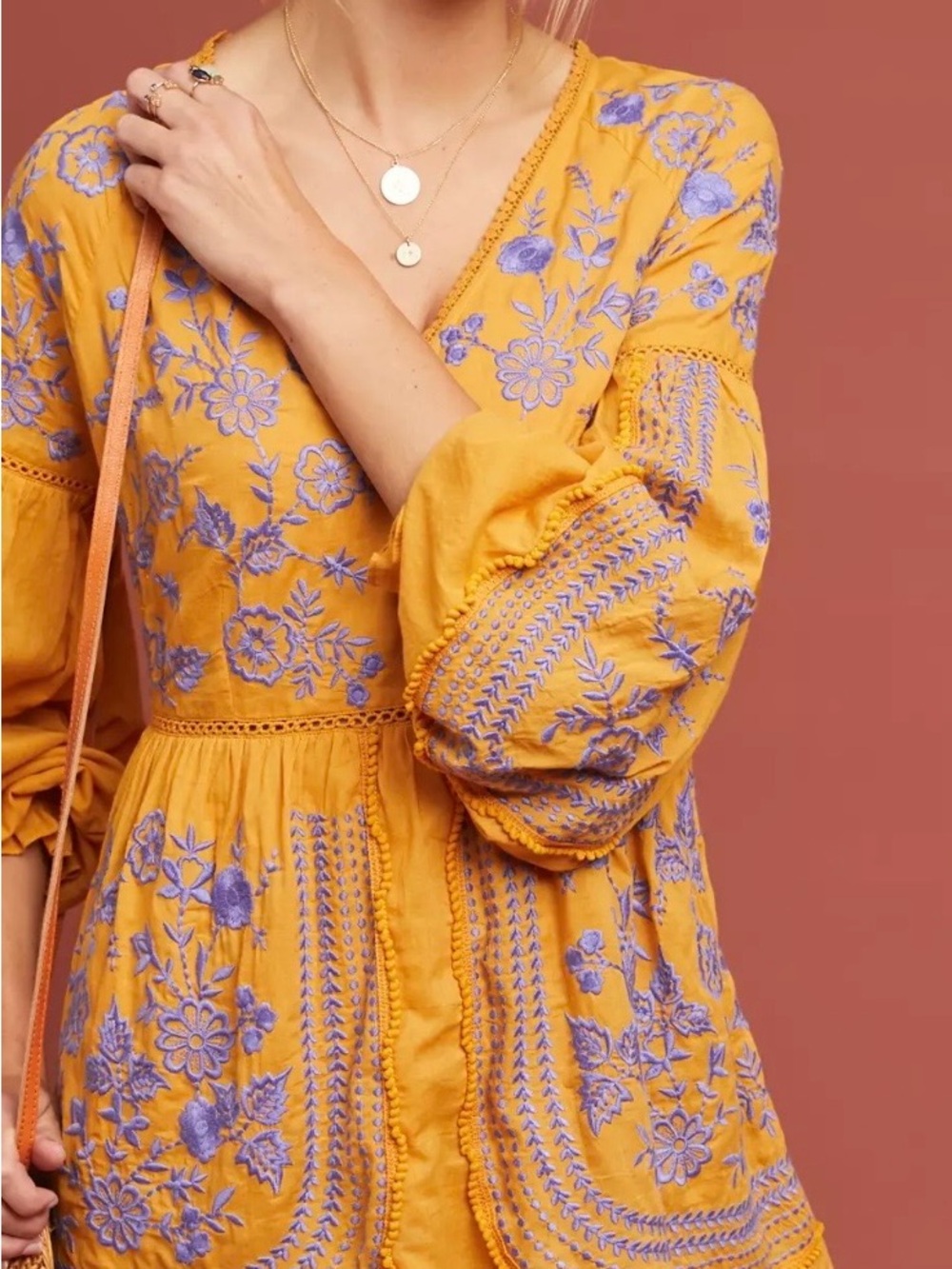 Meadow Rue by Anthropologie Mustard Yellow Maxi with Lavender Floral Embroidery